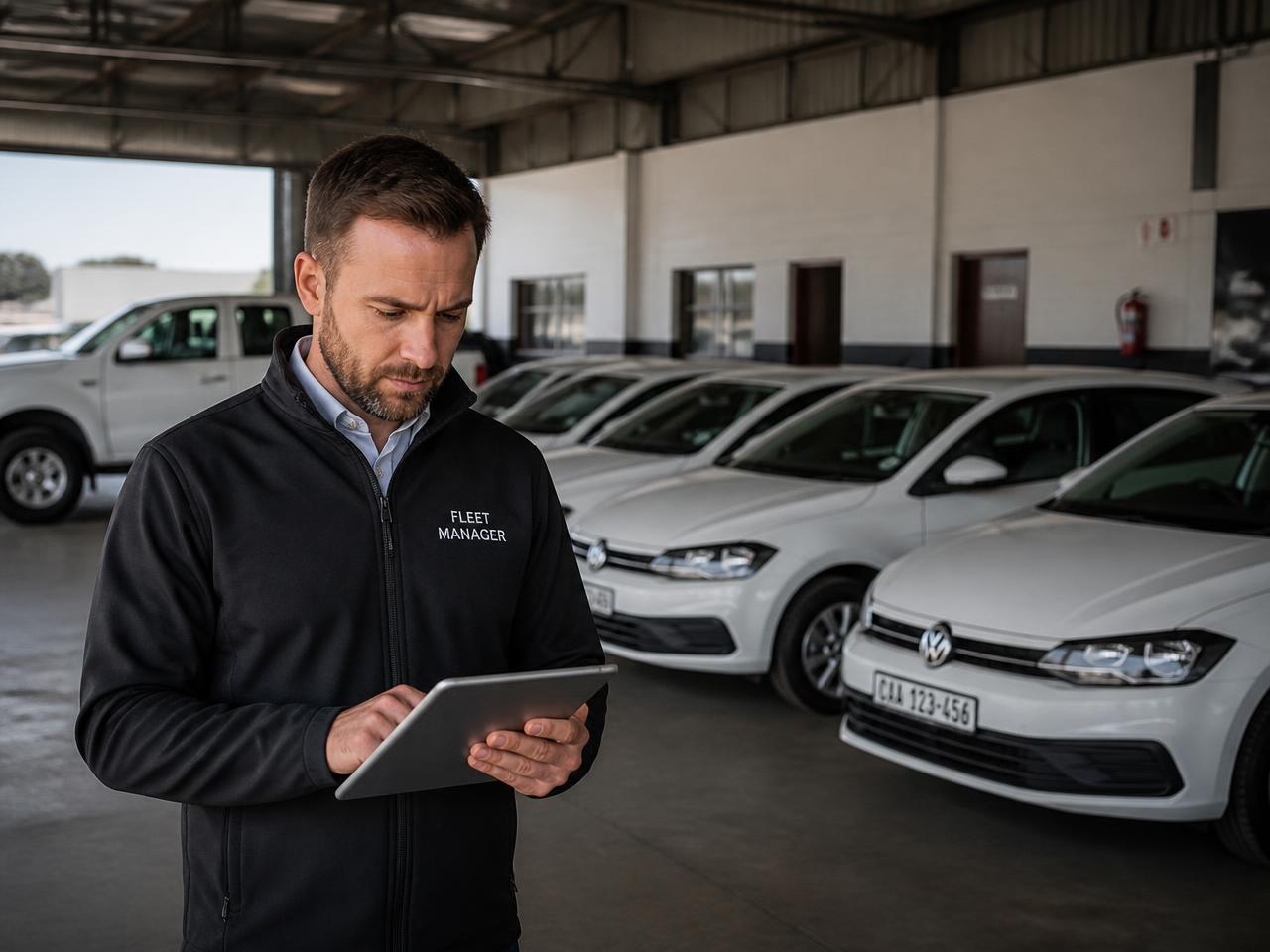 Gestor de frota conferindo veículos da empresa em tablet na garagem
